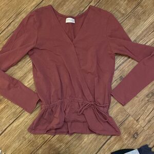 Elegantees Women's Sewn To Restore Long Sleeve Wrap Tee Shirt Maroon Size Small